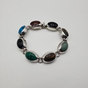 Vintage Taxco Mexico 925 Sterling Silver Multi Gemstone Bracelet 7 Inch 8 Gems